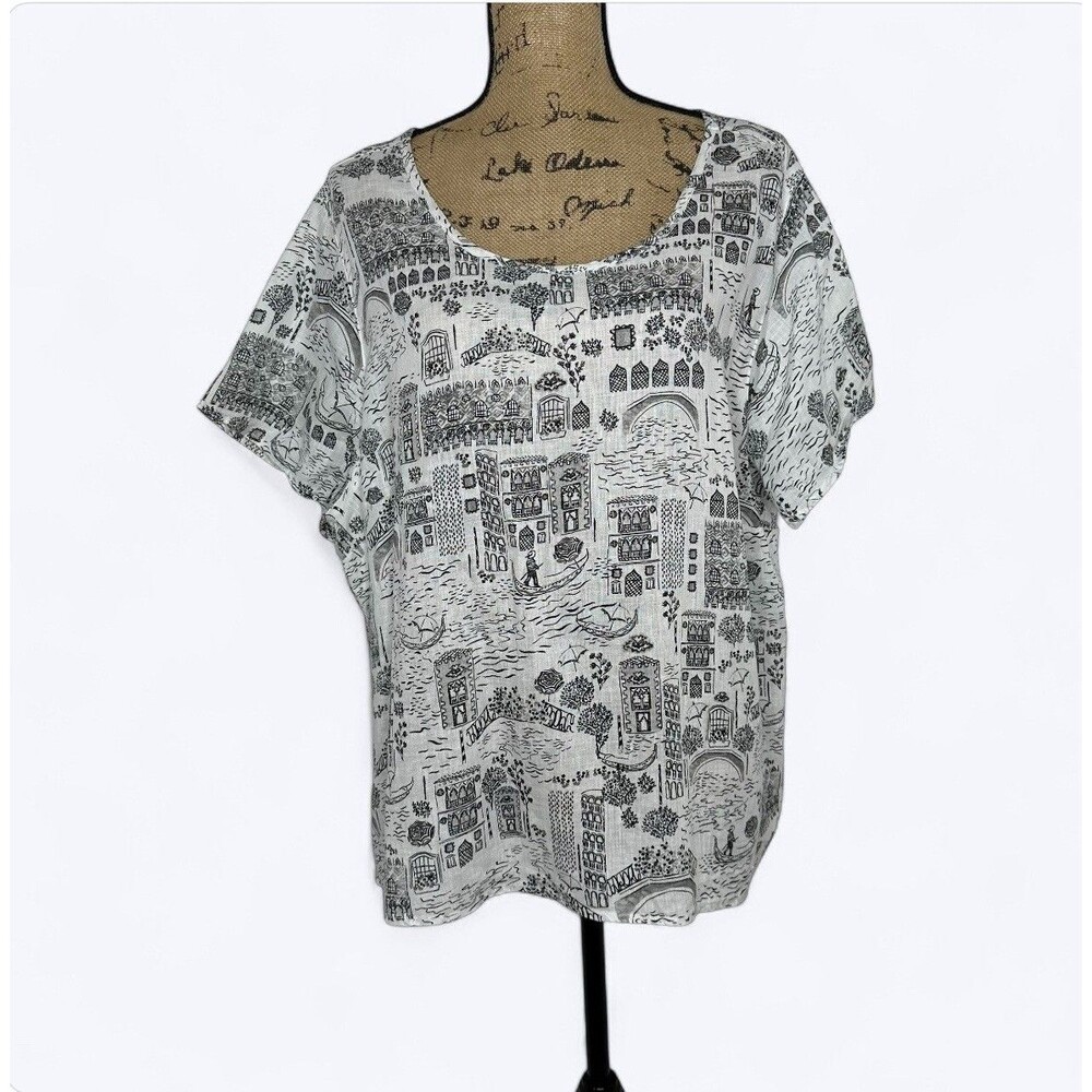 Cynthia Rowley 100% Linen Shirt Sz 2X Venice Italy Novelty Print Resort Vacation